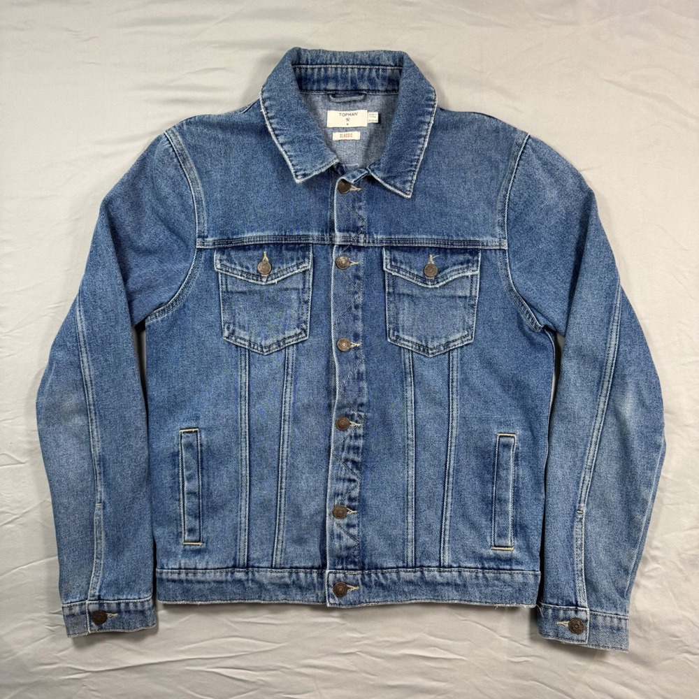 Topman Mens Classic Denim Jacket Blue Medium Wash Button Up Trucker Size M